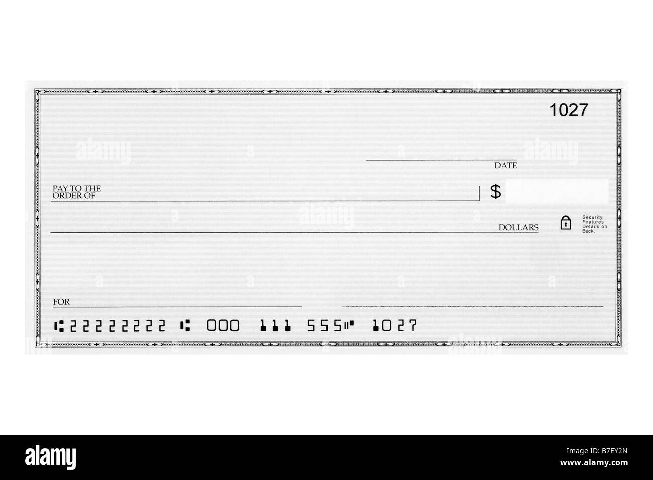 Un cheque personal sin nombres o direcciones con alteración de números de cuenta Foto de stock