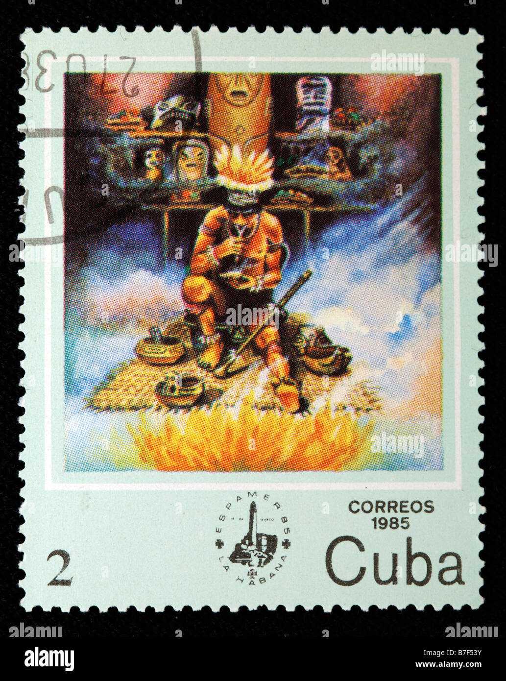 La vida del hombre primitivo salvaje primitivo prehistórico, sello, Cuba, 1985 Foto de stock