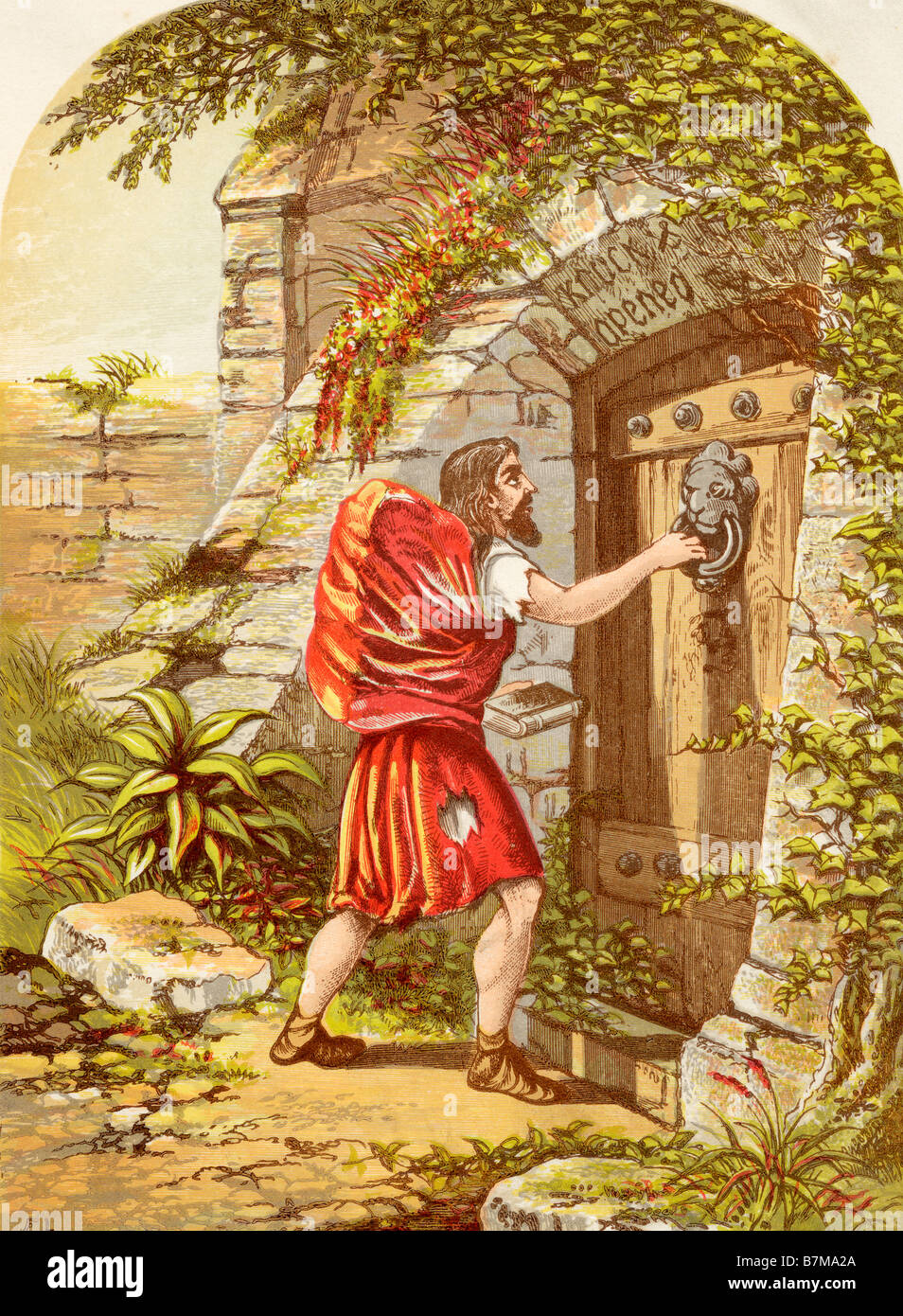 Christian en la puerta. Ilustración de un F Lydon. Del libro "El Progreso del Peregrino de John Bunyan, publicado c. 1880. Foto de stock