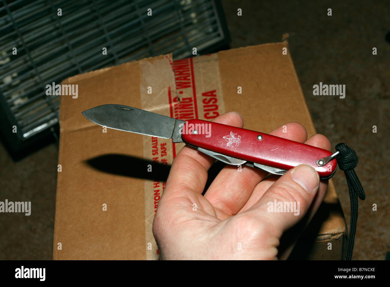 Hombre mano sosteniendo BSA cuchillo de Boy Scouts rojo encima de la caja  de cartón Fotografía de stock - Alamy