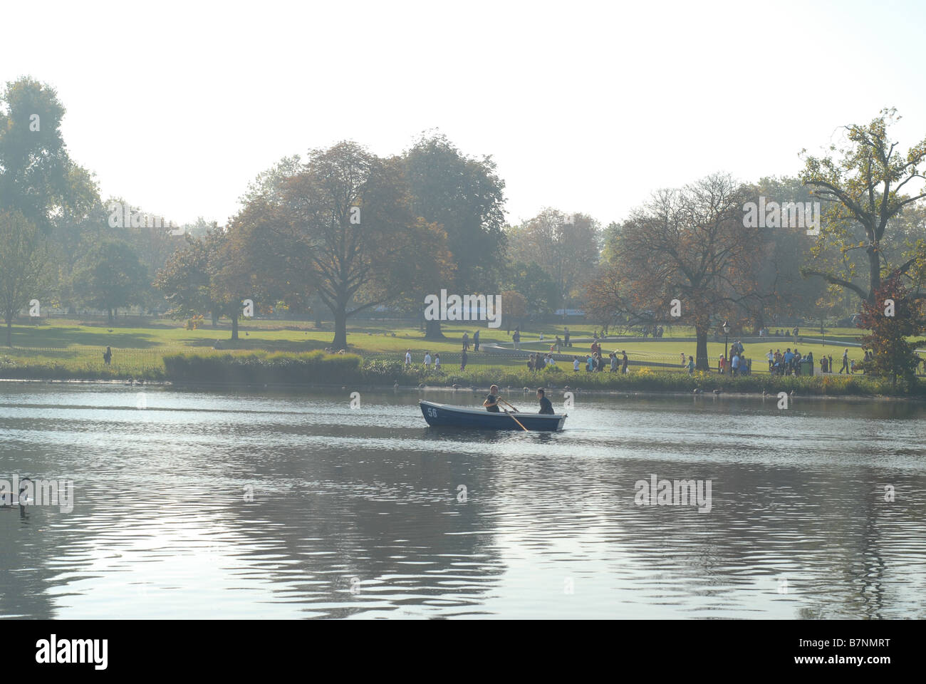 La gente en un bote de remos por el Serpentine en Hyde Park, Londres, Gran Bretaña. Foto de stock