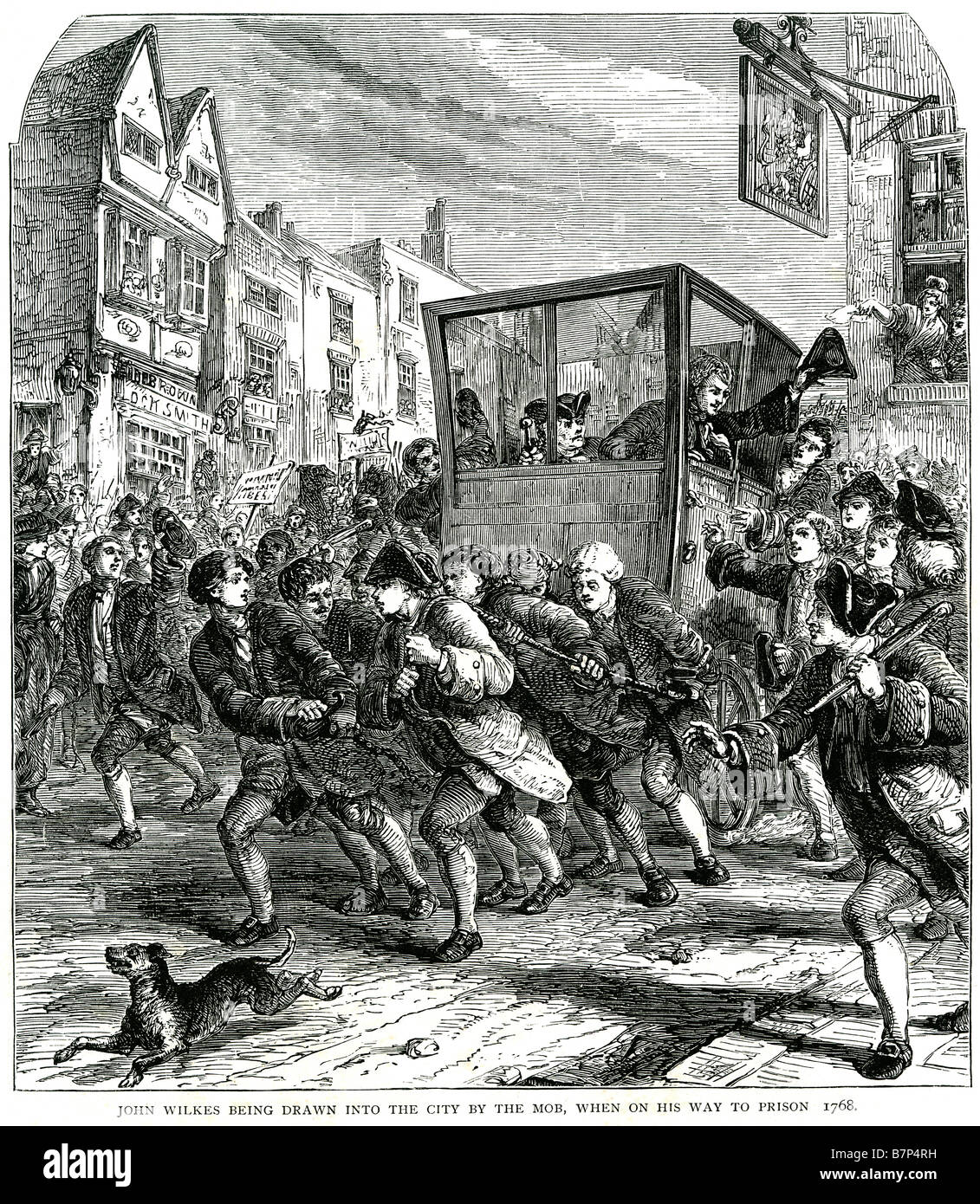 John Wilkes es aspirado hacia ciudad prisión mob 1768 Inglés periodista y político radical Foto de stock