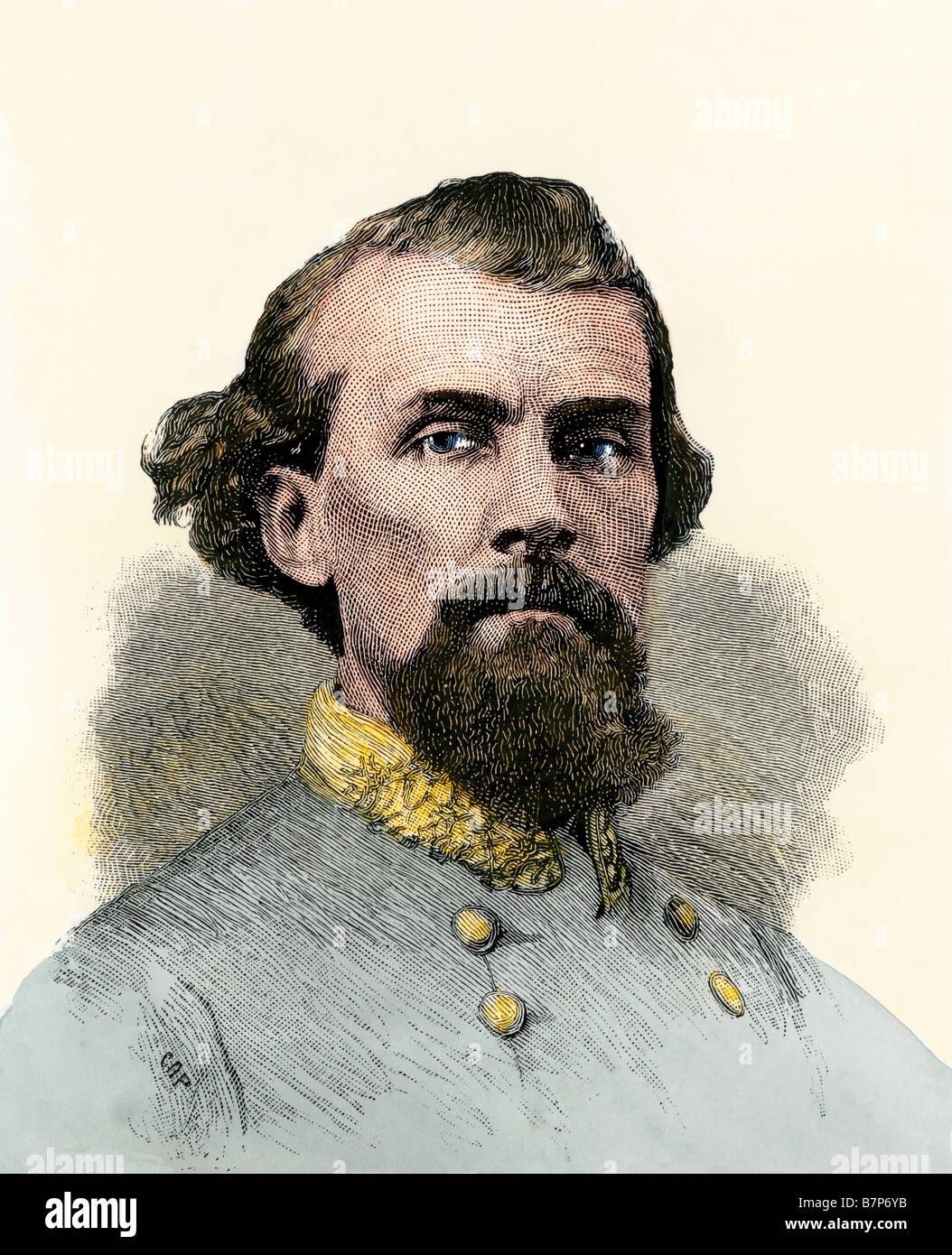 General confederado Nathan Bedford Forrest en la Guerra Civil. Xilografía coloreada a mano Foto de stock