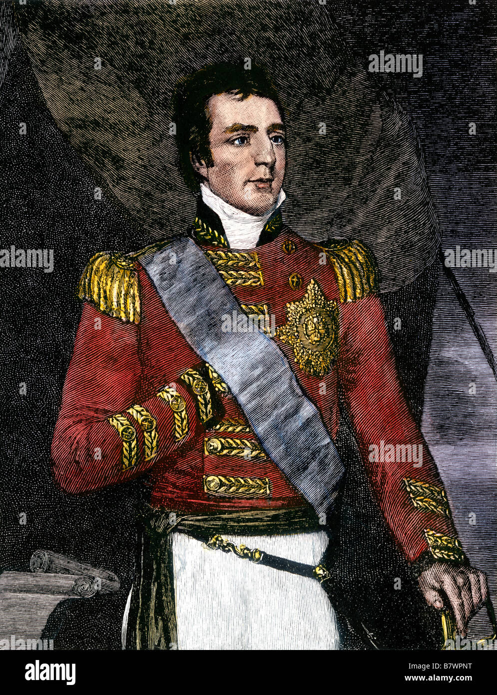 El Mayor General Arthur Wellesley en 1806, más tarde el duque de Wellington. Xilografía coloreada a mano Foto de stock