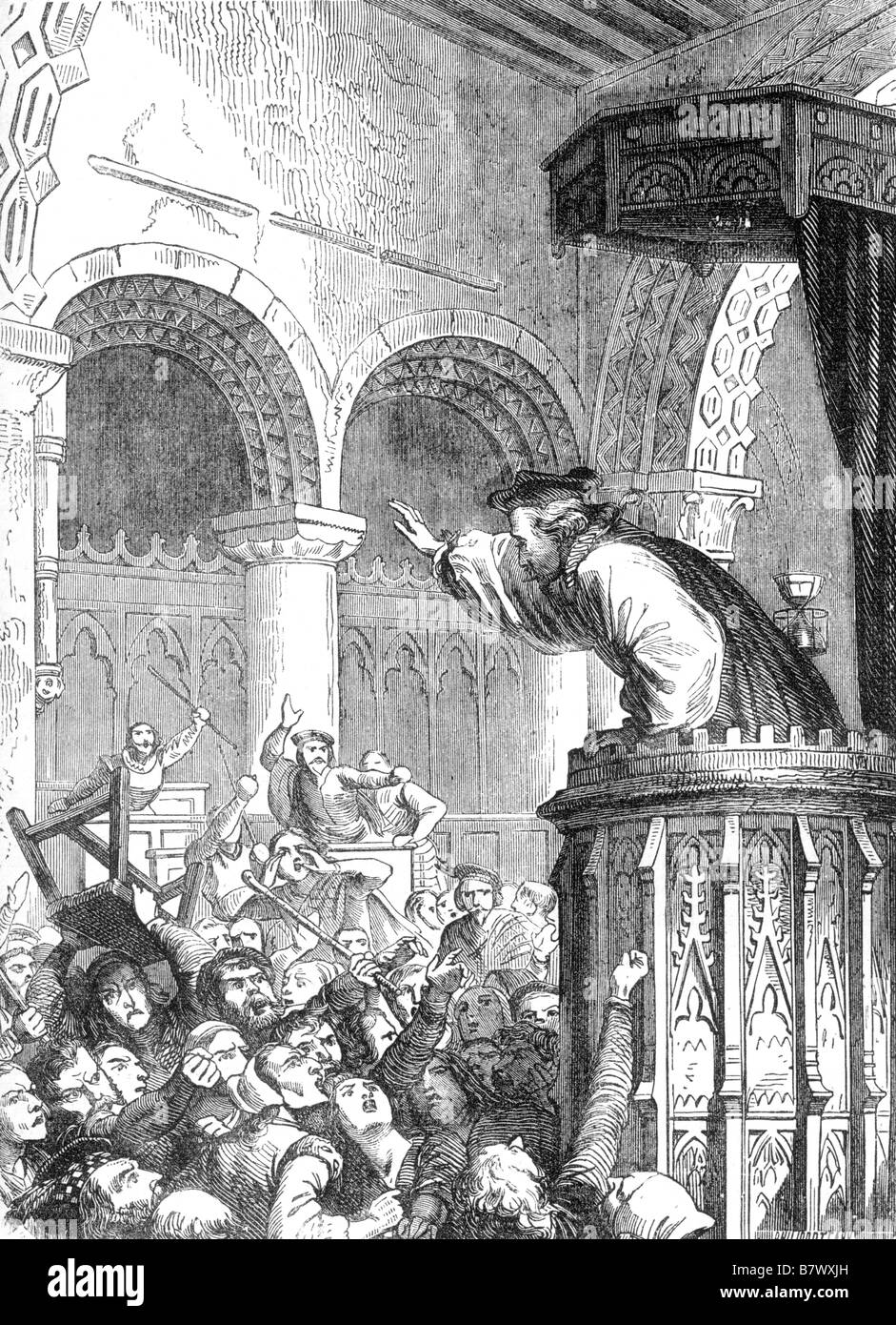 El altercado en la iglesia de St Giles en Edimburgo el 23 de julio de 1637 por Felix Philippoteaux Foto de stock