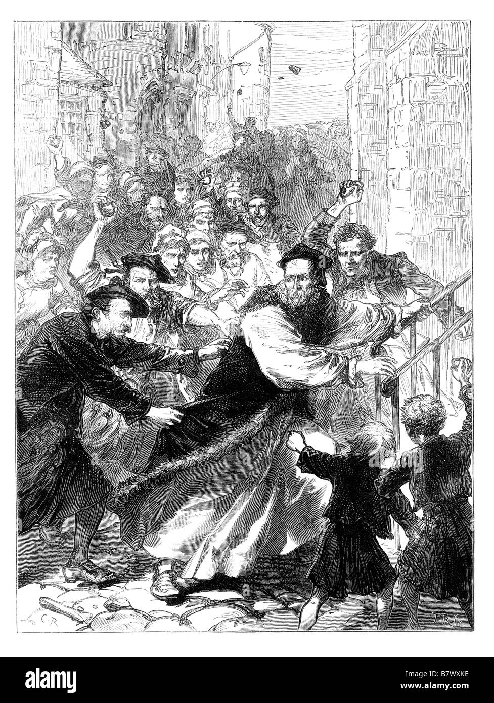 El obispo es perseguido por las calles después del altercado en la iglesia de St Giles en Edimburgo el 23 de julio de 1637 Foto de stock