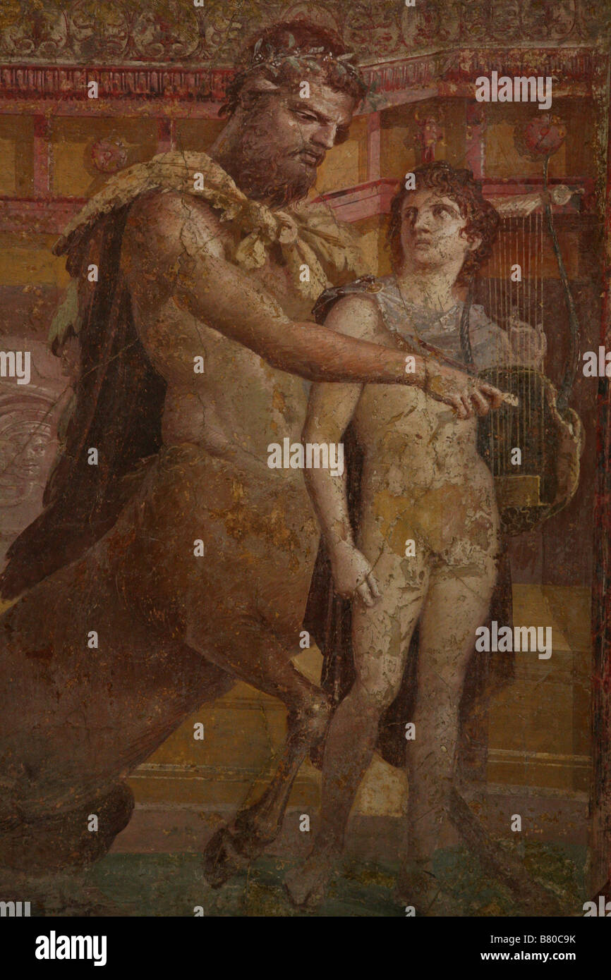 Aquiles y Quirón. Antiguo fresco de Herculano en el Museo Arqueológico Nacional de Nápoles, Italia. Foto de stock