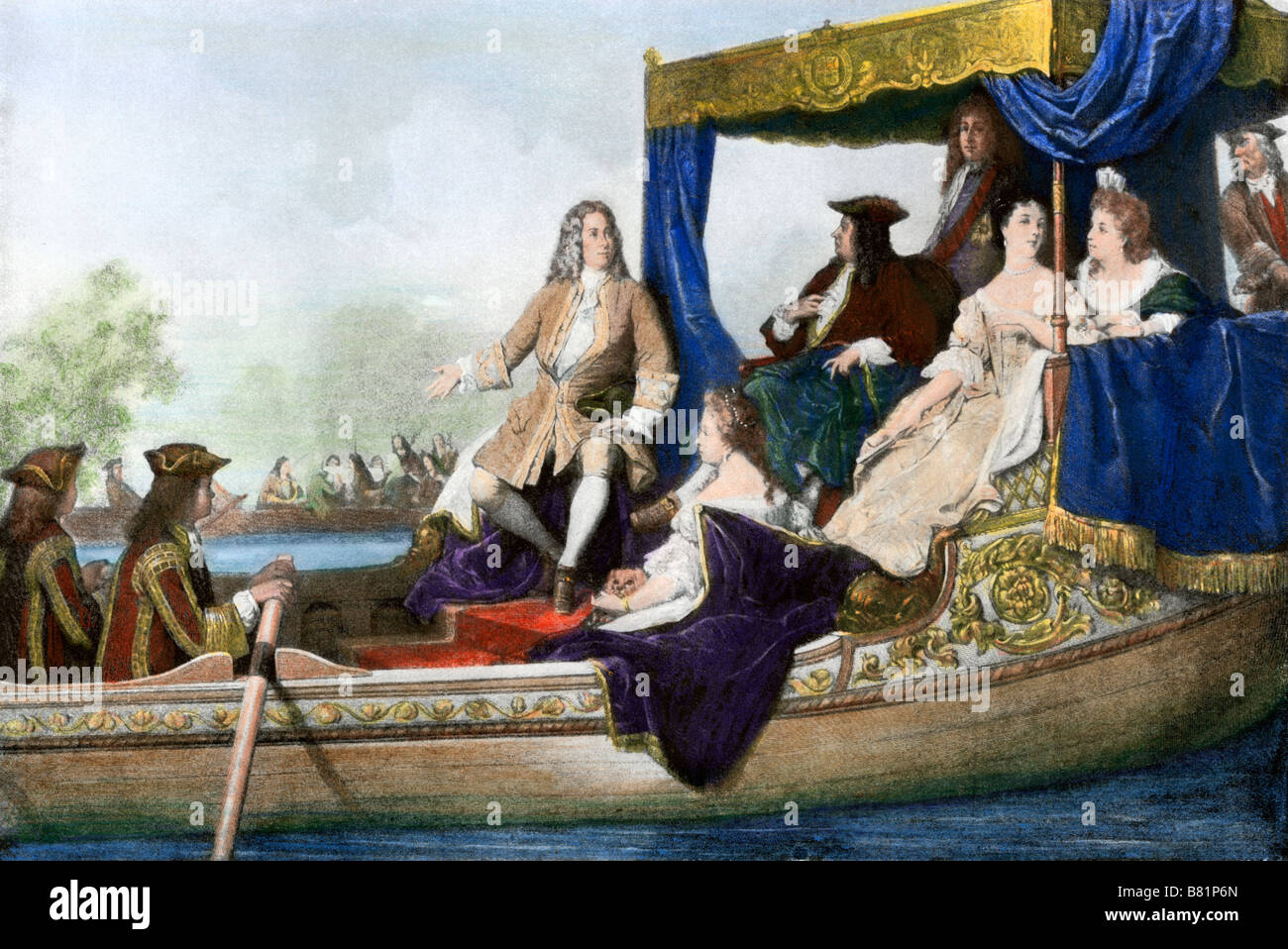 Handel's agua música interpretada como un río concierto de Jorge I de Inglaterra. Mano de color halftone de ilustración. Foto de stock