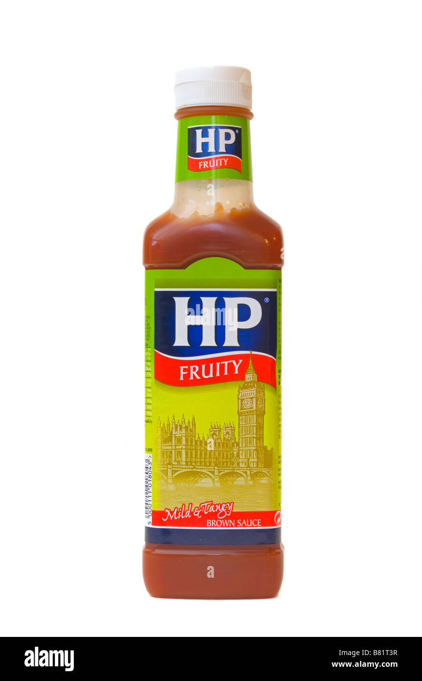 Botella de plástico suave y afrutado HP acidulada salsa marrón Foto de stock