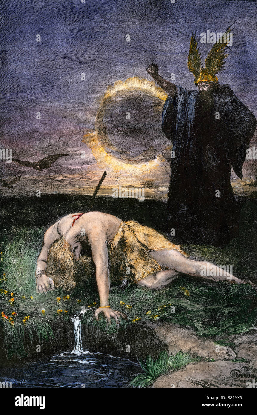 Siegfried, el guerrero, asesinado por Hagen en la leyenda Germánica. Xilografía coloreada a mano Foto de stock