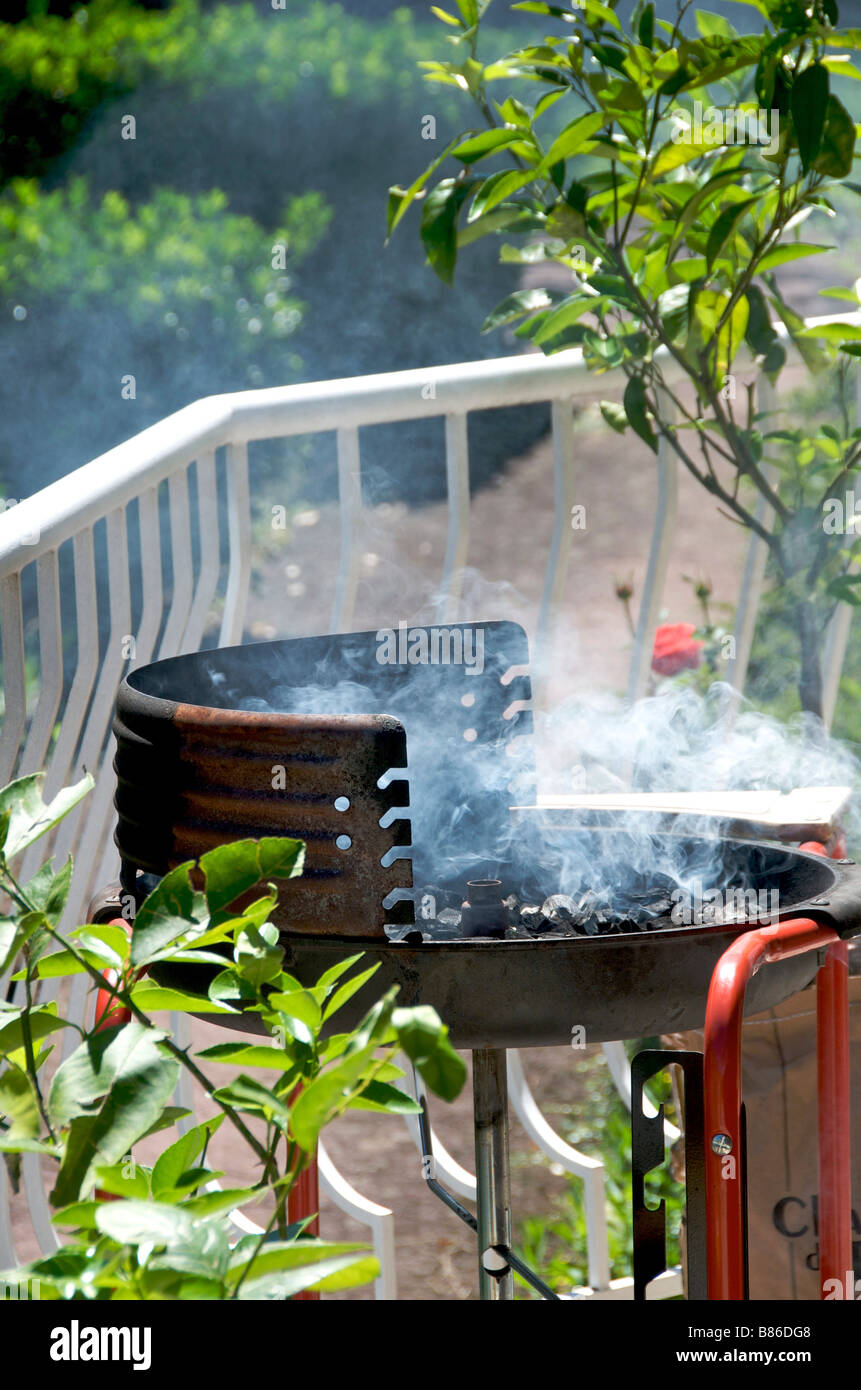 Fumar de carbón en una barbacoa en un jardín. Foto de stock