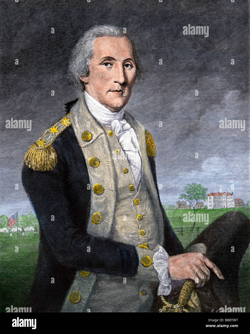 El General George Washington en el cierre de la guerra revolucionaria. Grabado pintado a mano Foto de stock