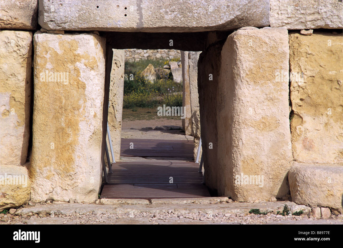 O prehistórico megalítico Templo Hagar Qim bloques de piedra, Templos de una fertilidad adorando a la religión o culto, Malta Foto de stock