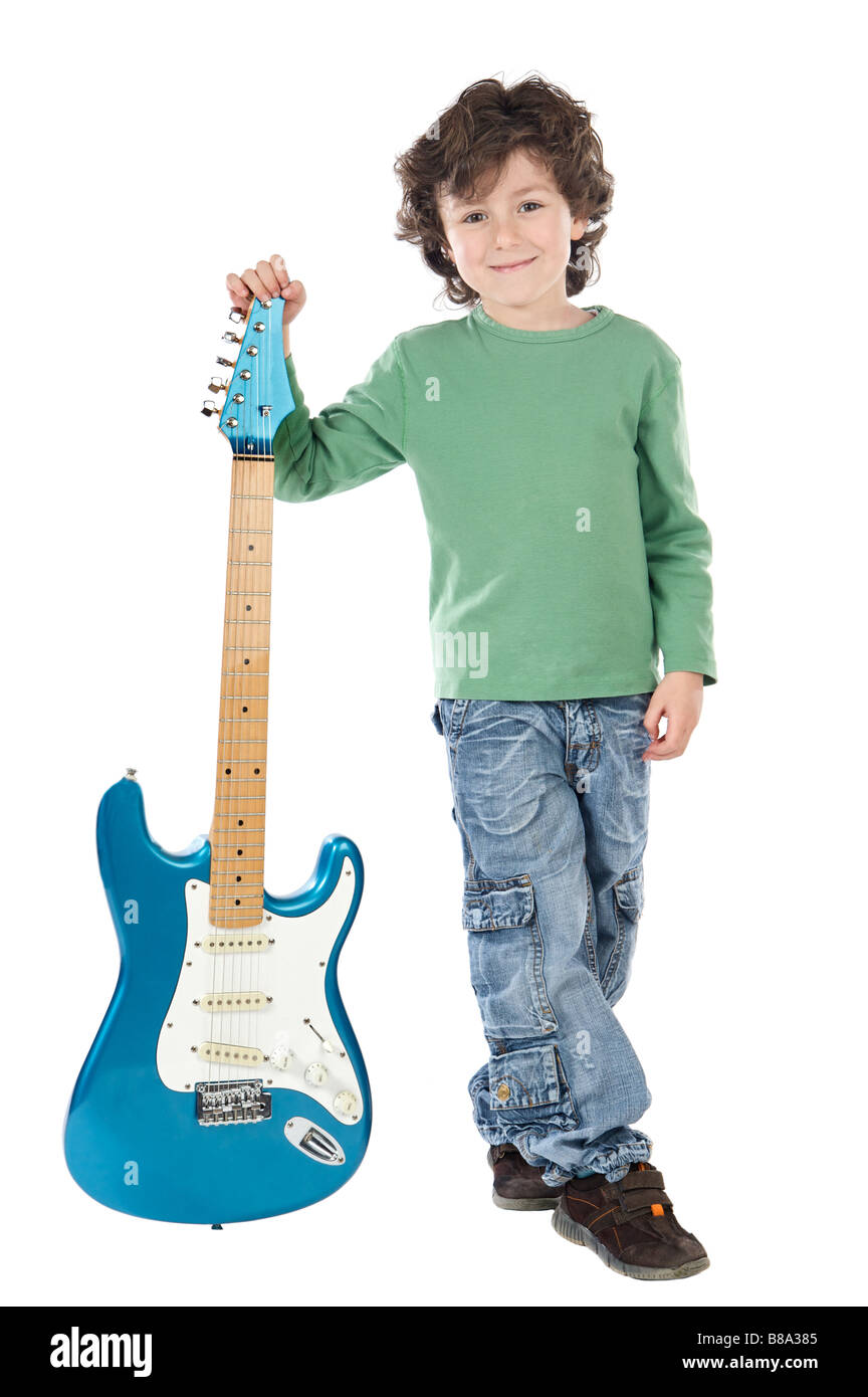 Guapo muchacho con guitarra eléctrica sobre un fondo blanco. Foto de stock