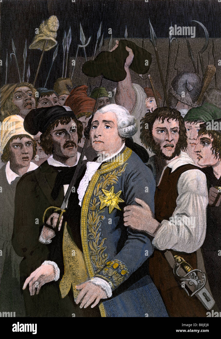 El rey de Francia Luis XVI amenazado por una turba revolucionaria en las Tuileries Paris 1792. Grabado pintado a mano Foto de stock