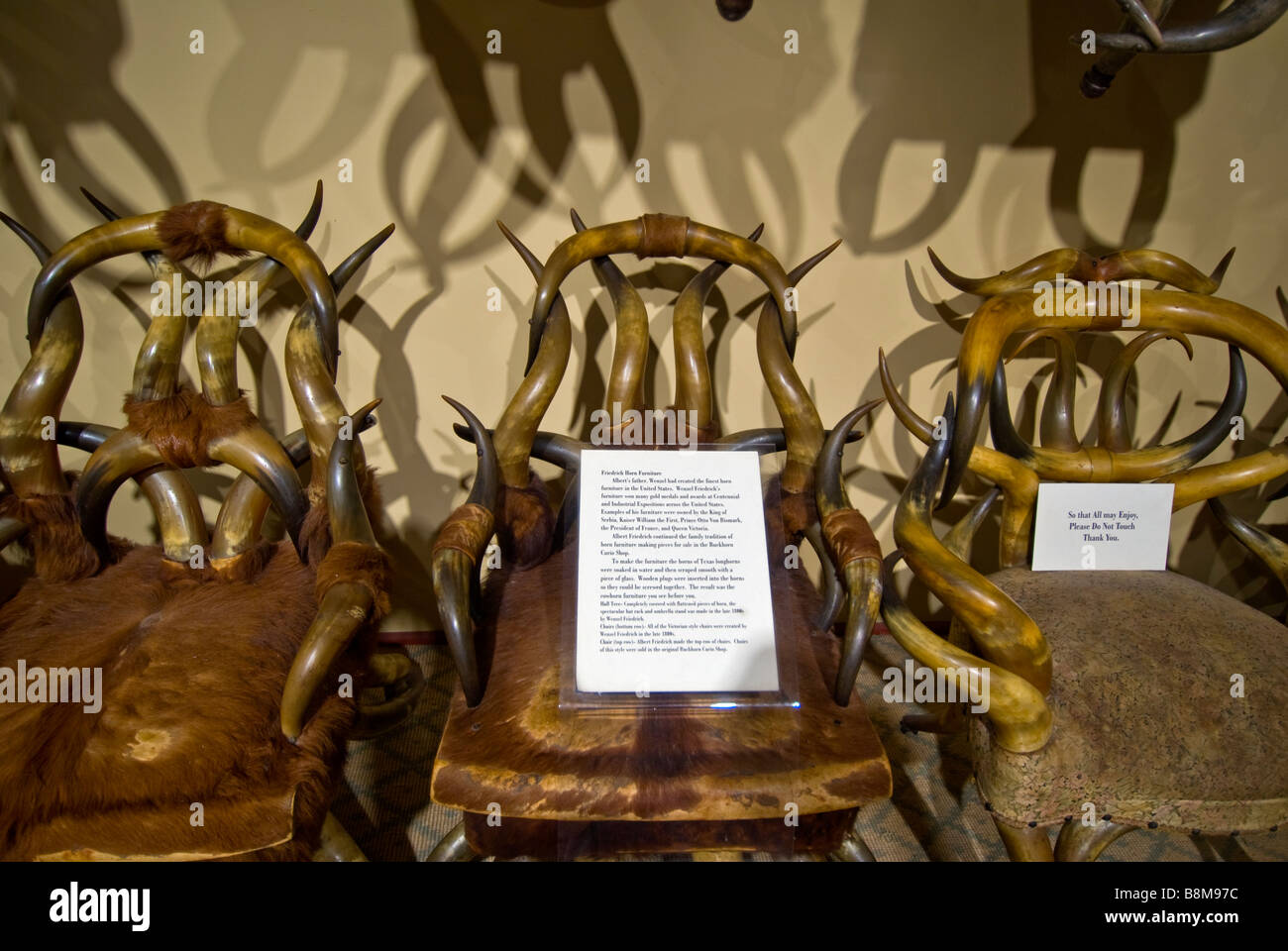 Taberna y Museo Buckhorn San Antonio TX Texas sillas artesanales de animal con cuernos de búfalo Foto de stock