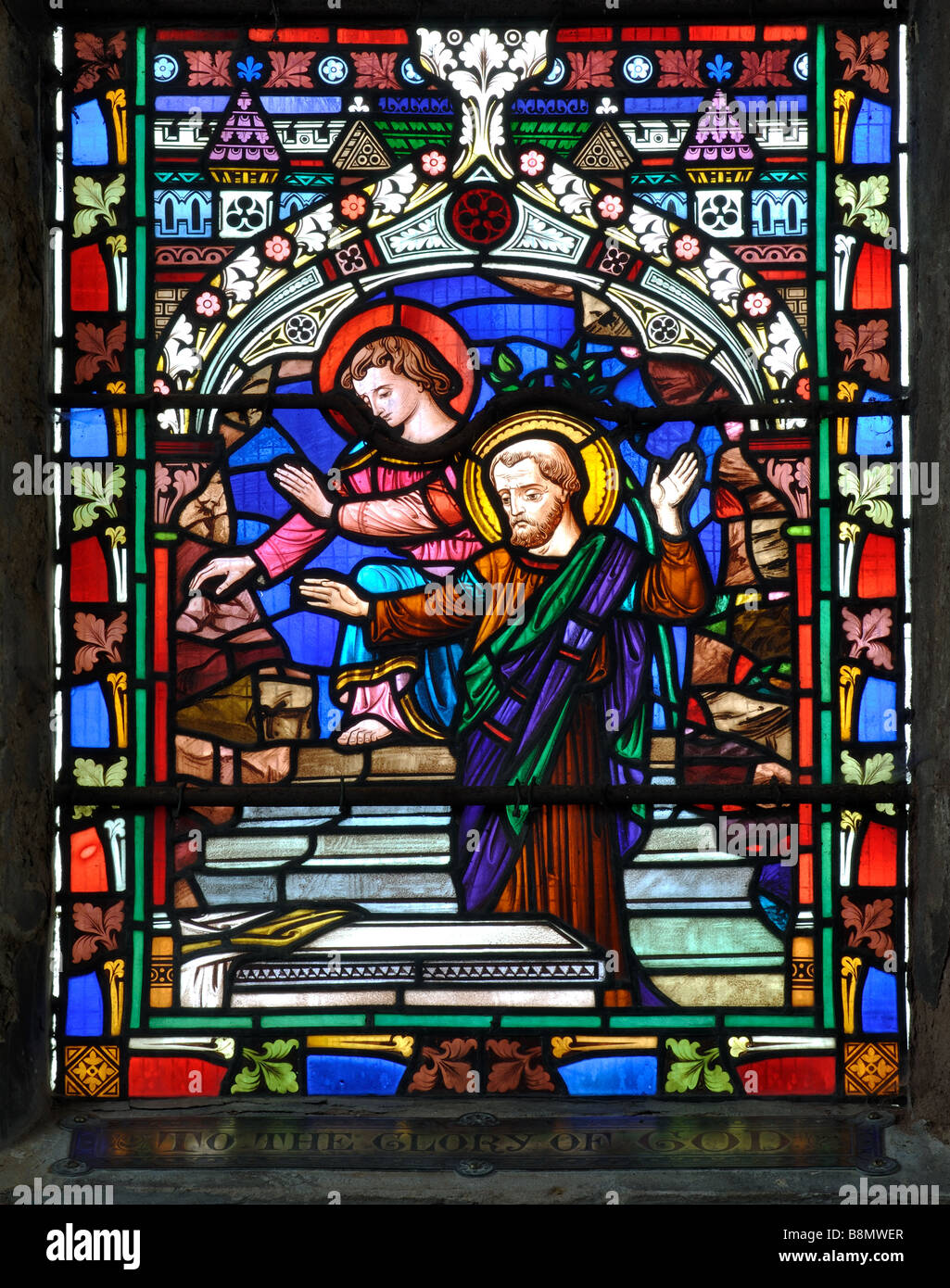 Las vidrieras en la Iglesia de Todos Los Santos, Croughton, Northamptonshire, Inglaterra, Reino Unido. Foto de stock