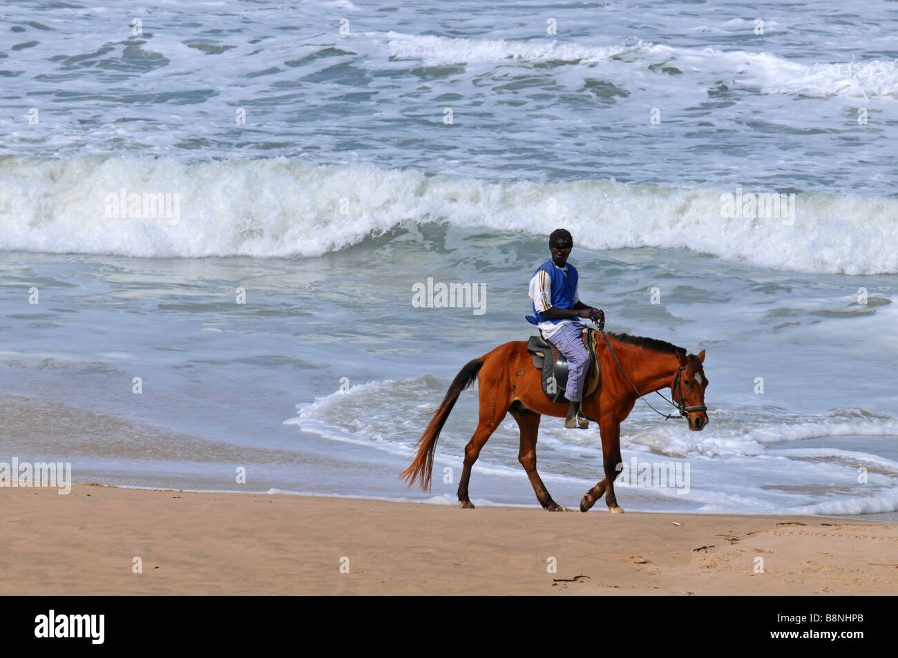Hombre local a caballo en la playa, Gambia, "West Africa" Foto de stock