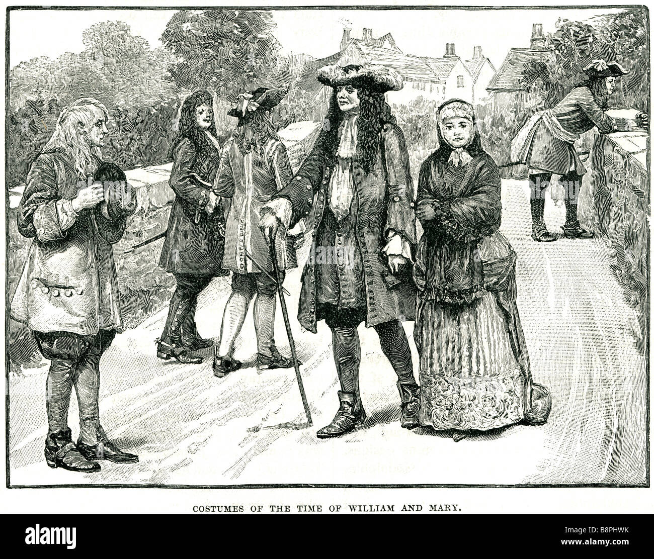 Los trajes de la época de William y Mary período visten trajes tradicionales de Pont Royal Park Garden calle carretera villiage lady lo Foto de stock