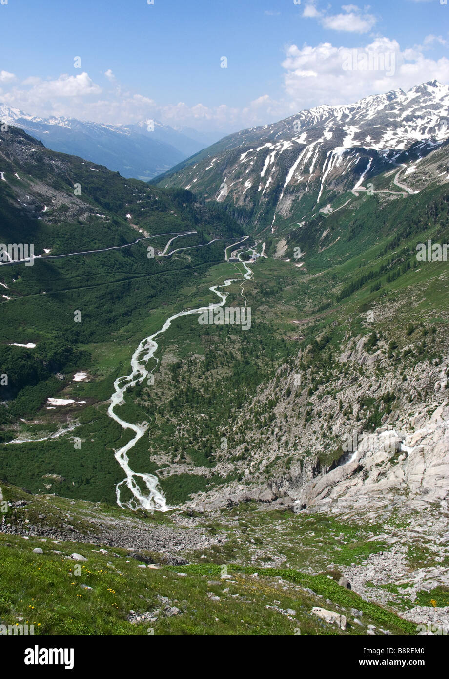 Suiza, montaña, Alp, el valle, el río Ródano, Paisaje, Foto de stock