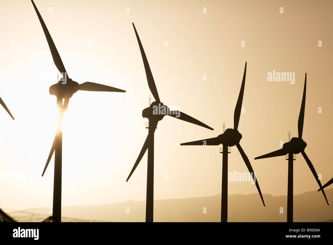 Turbinas de viento en el sol de las Islas Canarias. Foto de stock