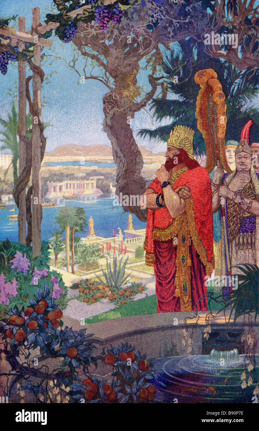 Nabucodonosor II en los Jardines Colgantes de Babilonia. Los jardines fueron una de las Siete Maravillas del Mundo Antiguo. Foto de stock