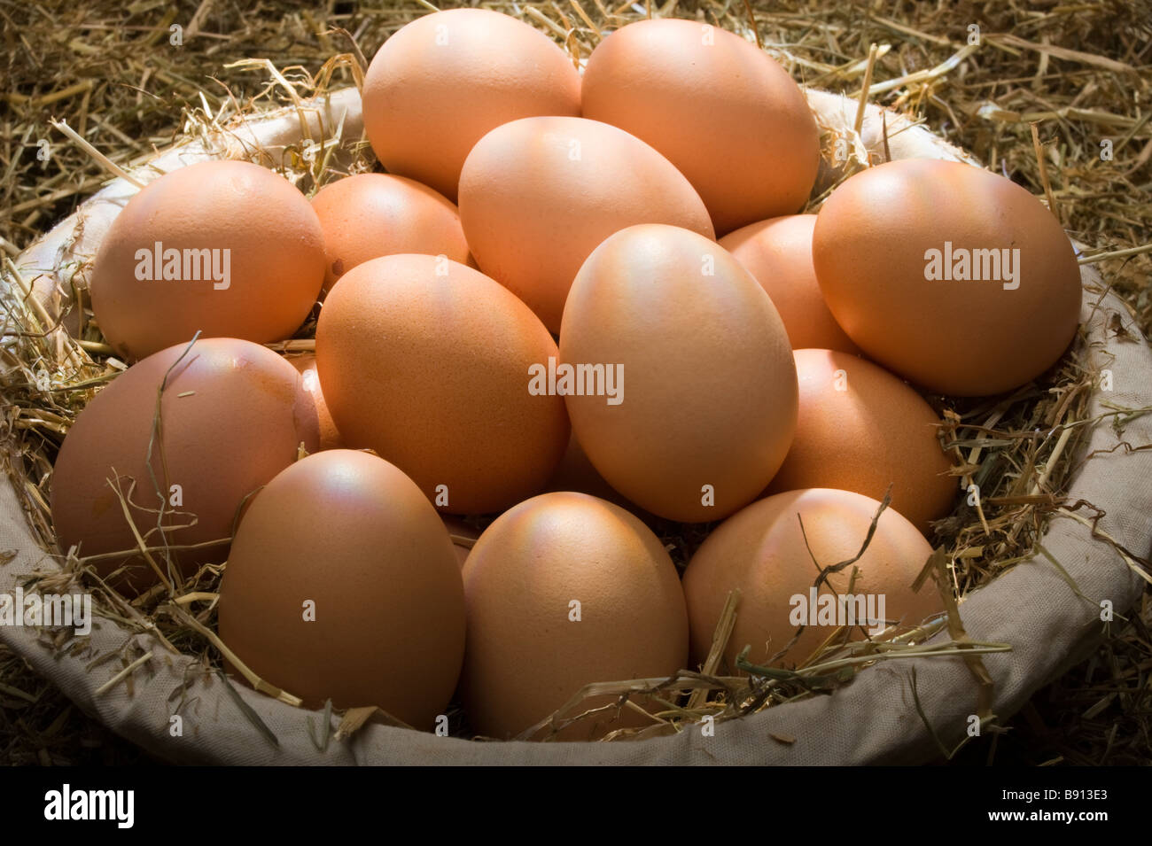 Brown, un surtido de huevos de gallina en una cesta sobre un fondo de paja Foto de stock