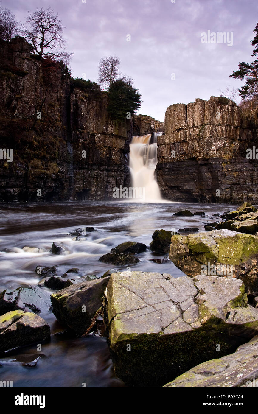 Fuerza alta cascada cerca de Middleton en Teesdale, Condado de Durham, Reino Unido - El río Tees cae espectacularmente 20m (70ft) aquí. Foto de stock