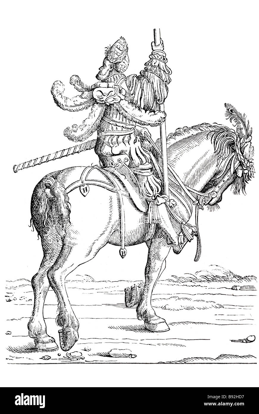 La marca burgmair soldado caballero señor período a caballo vestido vestido  tradicional banner emblema traje armadura hombre equino Hans Fotografía de  stock - Alamy