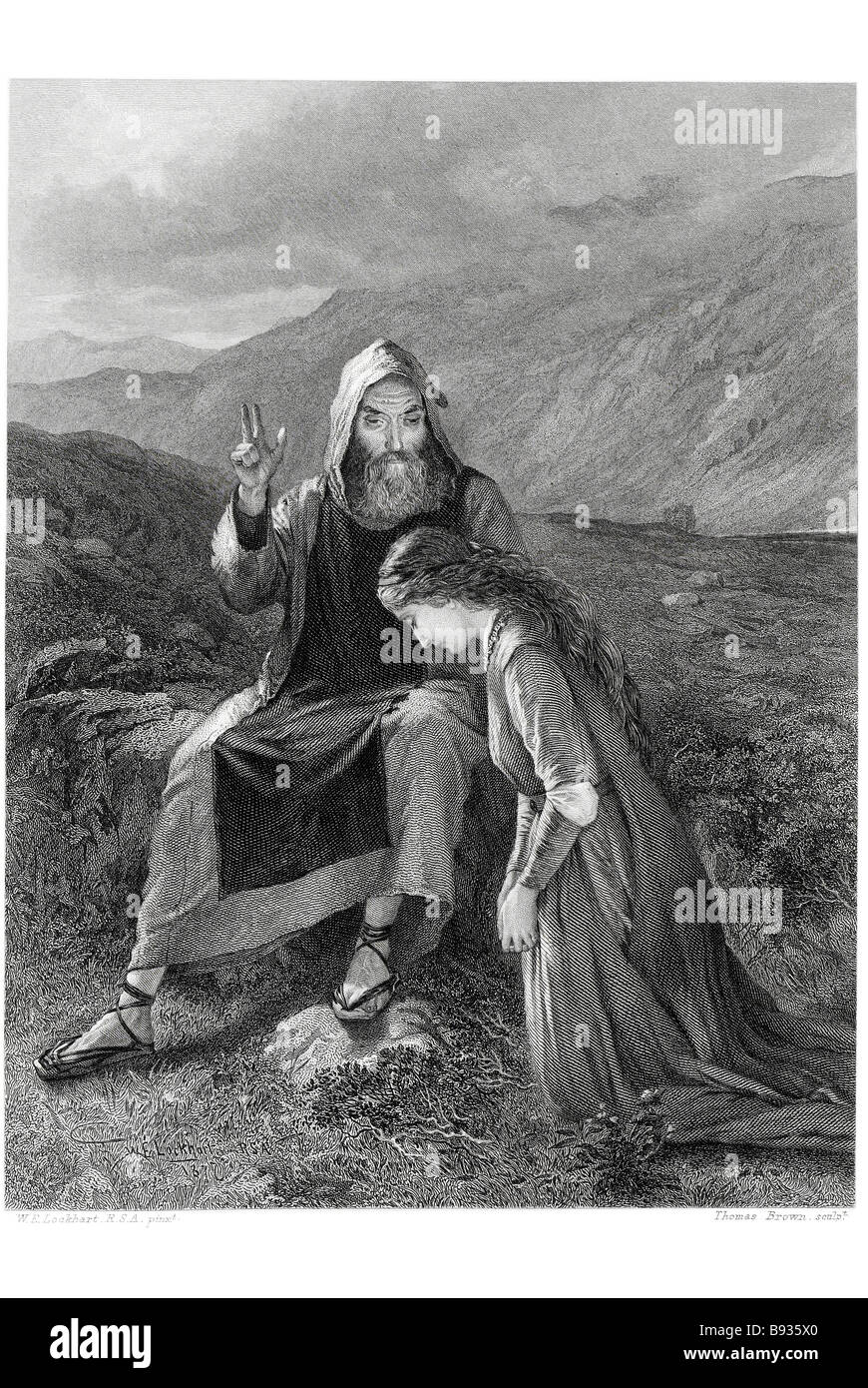 Catherine y padre clemente período sacerdote vestido campo fuera orando niño niña hombre adulto obispo valle salvaje de alta montaña Foto de stock