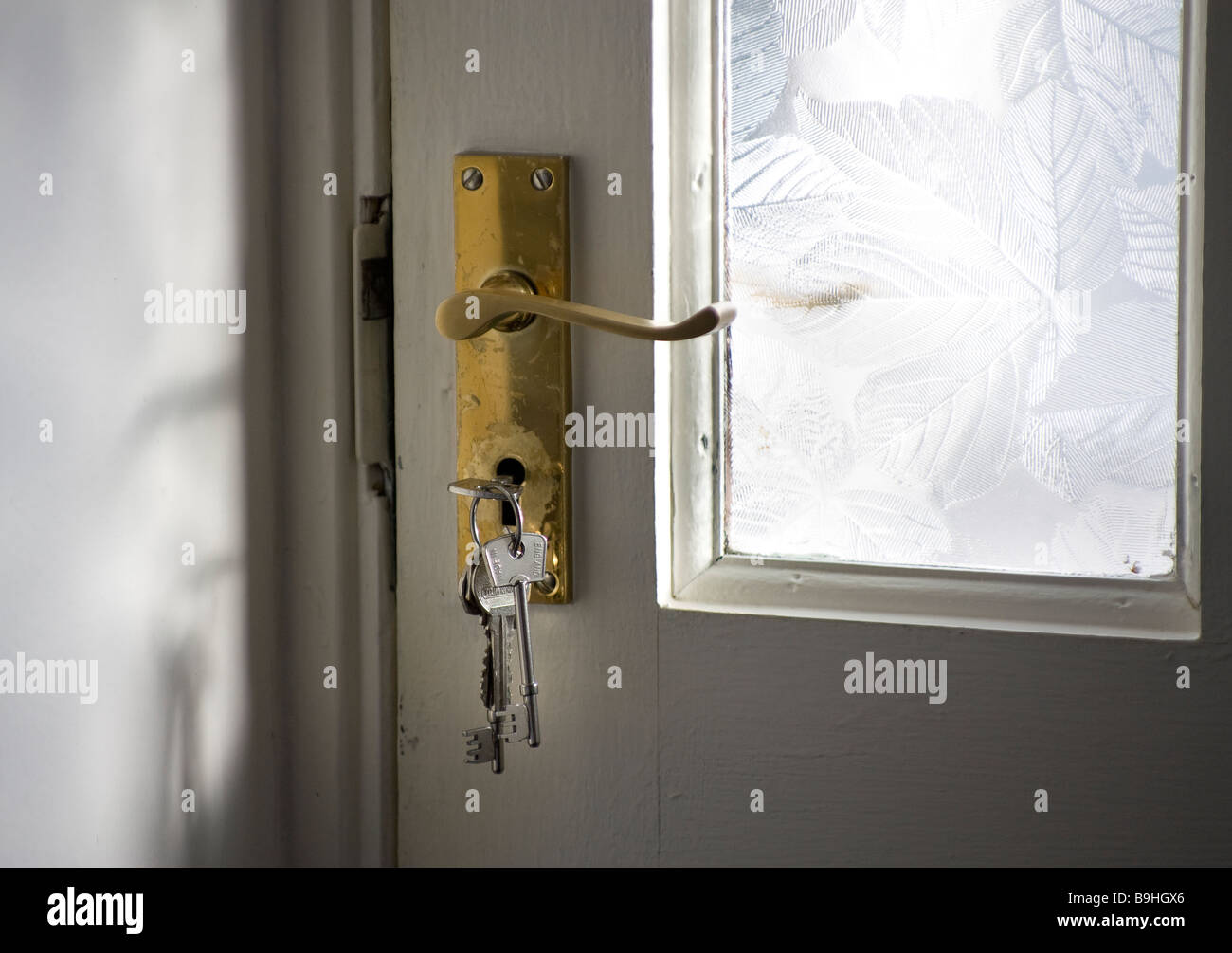 Teclas de bloqueo de la puerta del panel de vidrio pintado de blanco con vistas al paisaje Foto de stock