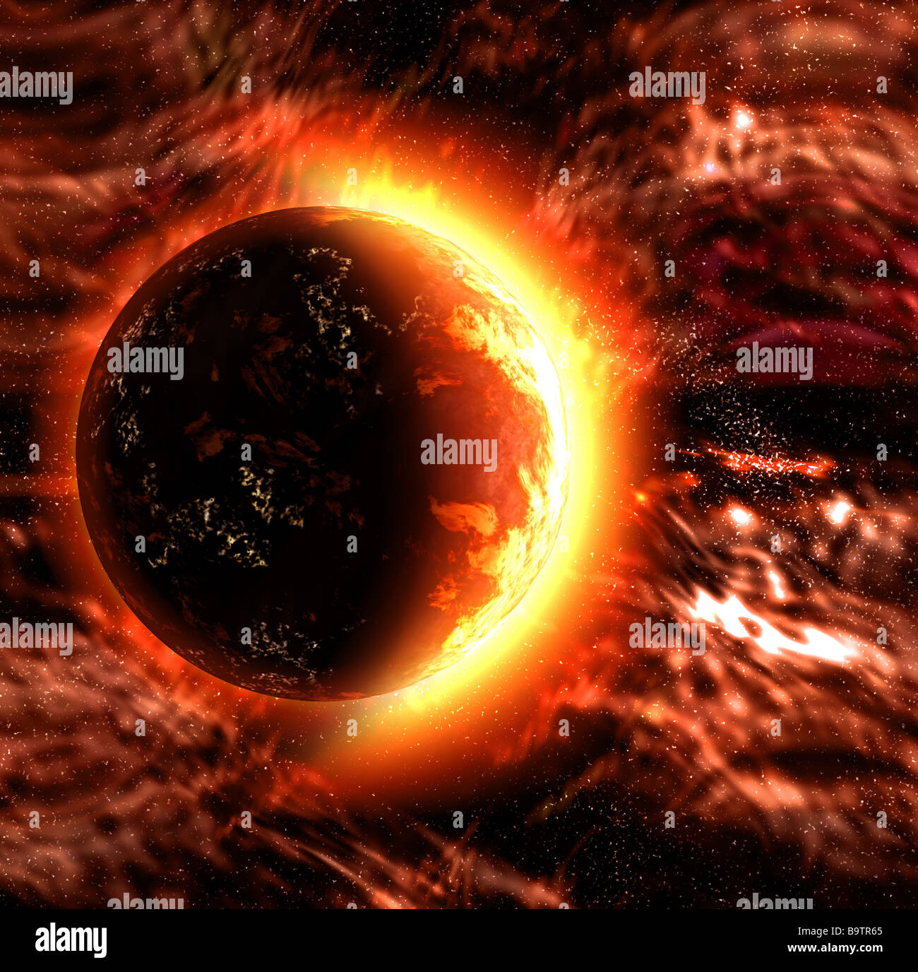 Imagen artística de un planeta o la quema de Sun. Foto de stock