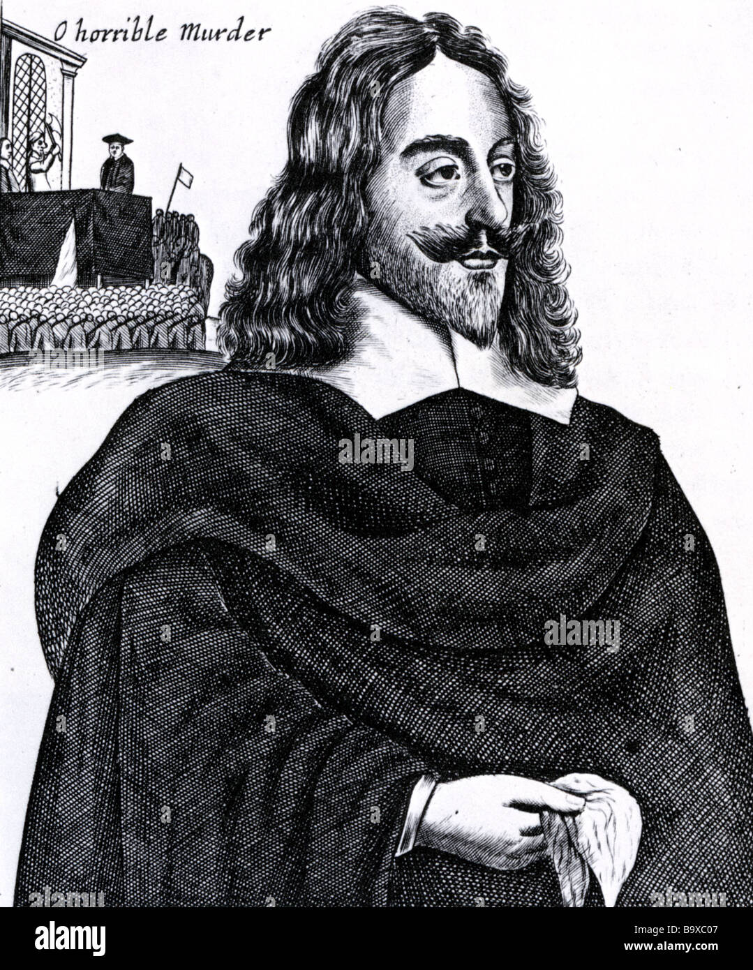 El rey Carlos I de Inglaterra con una miniatura del andamio en que e fue ejecutado el 30 de enero de 1649 Foto de stock