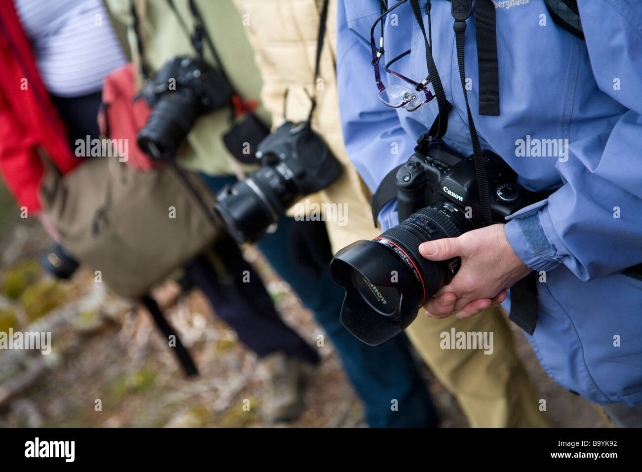 Fotógrafos de la vida silvestre y su equipamiento. Foto de stock