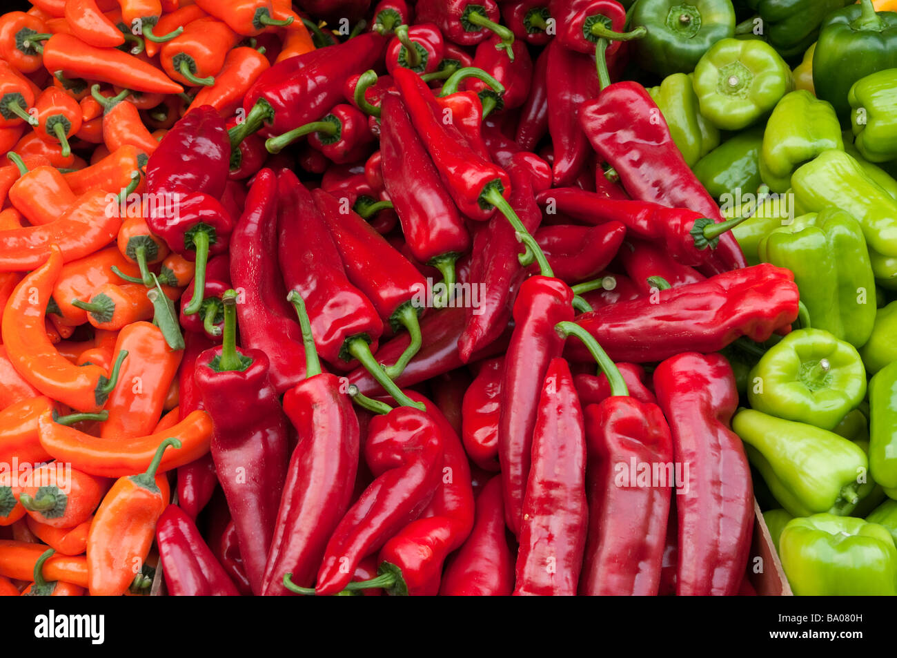 Pimientos rojos en puesto de comida en el mercado Carmel Foto de stock