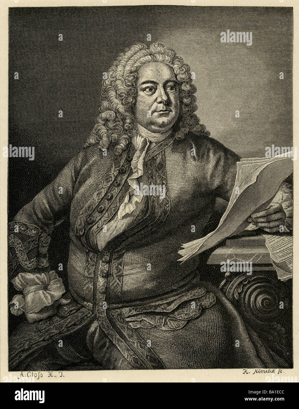 Händel, George Frederic, 23.2.1685 - 14.4.1759, compositor alemán, retrato, grabado en cobre por W. Bronsley 1789, Hoja, Papel, Foto de stock