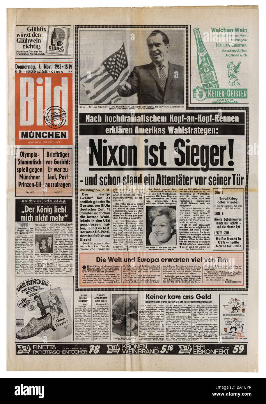 Prensa/medios de comunicación, revistas, 'Bild', Munich, número 261, jueves 7.11.1968, título, Nixon ganador de las elecciones estadounidenses, Foto de stock