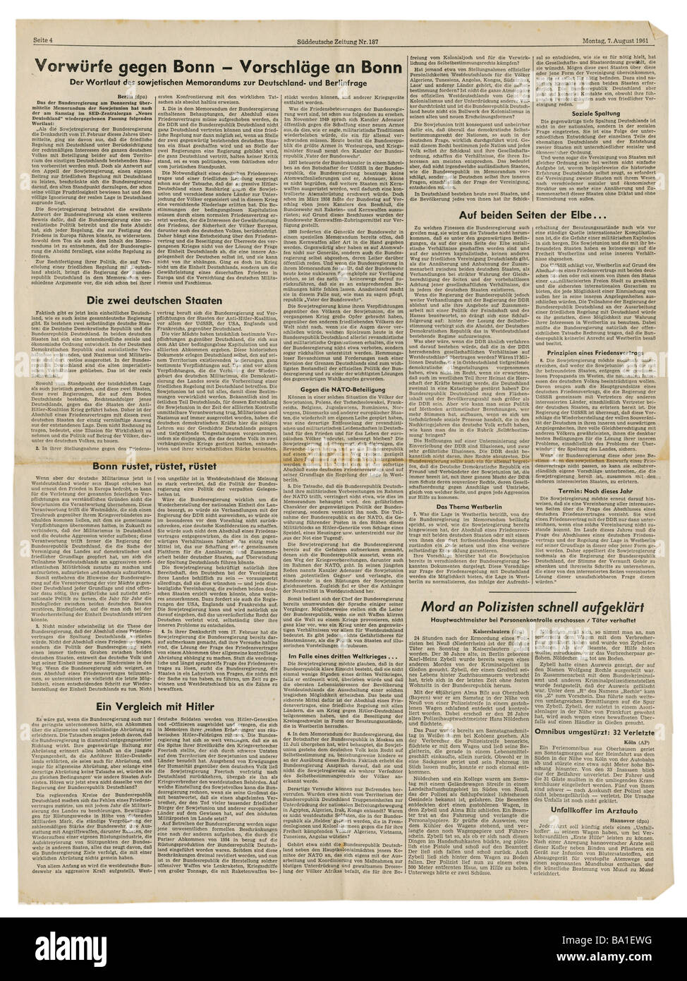 Prensa/medios de comunicación, revistas, 'üddeutsche Zeitung', Munich, volumen 17, número 187, lunes 7.8.1961, artículo, Foto de stock
