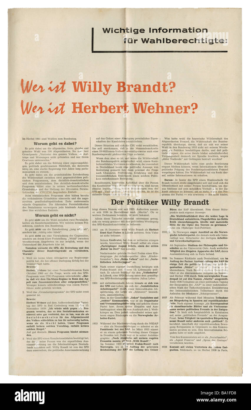 Geografía / viajes, Alemania, política, elecciones, Bundestag elecciones  1961, anuncio, información sobre Willy Brandt y Herbert Wehner, volante,  publicado por Alois Klughammer, Munich, 1961 Fotografía de stock - Alamy