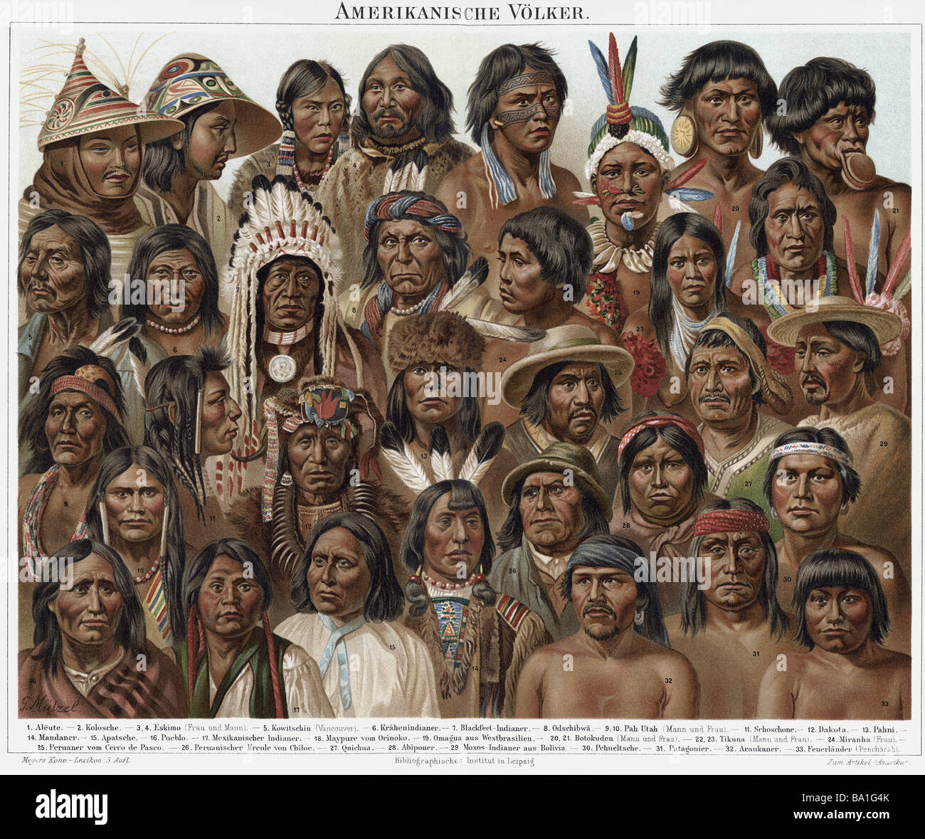 Gente, etnias, gente americana, placa de color, litografía, Meyers Conversationslexkon, Leipzig y Viena, 1894, Foto de stock
