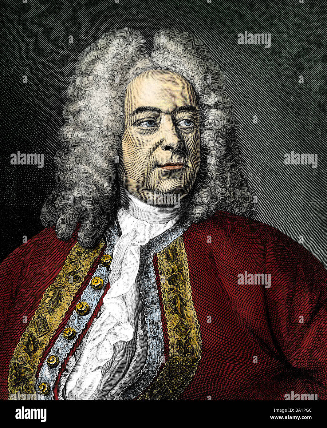 Händel, George Frederic, 23.2.1685 - 14.4.1759, compositor alemán, retrato, grabado en cobre, del siglo XVIII, posteriormente coloreados, mus Foto de stock