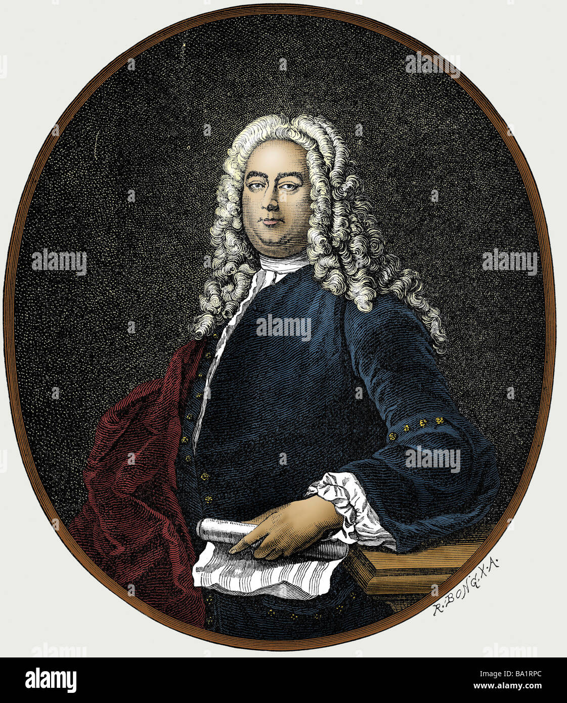 George Frideric Handel, 23.2.1685 - 14.4.1759, músico alemán (compositor), de longitud media, grabado en madera por Richard Bong, 19CE Foto de stock