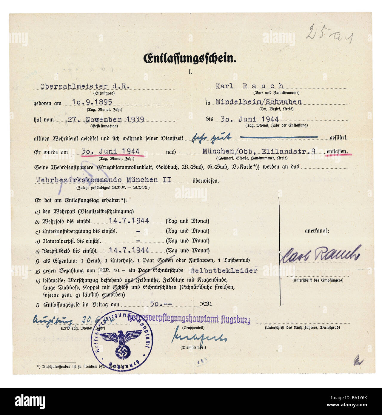 Nacionalsocialismo / nazismo, militar, ejército, certificado de descarga para Karl Rauch, Munich, Heeresverpflegungsamt (Oficina De Provisiones) Augsburg, 30.6.1944, Foto de stock
