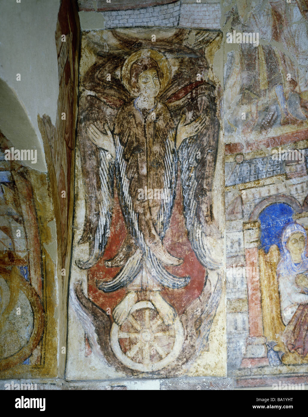 Muestra de pintura mural románica de Santa Catalina con su rueda de martirio, la Catedral de Canterbury. La capilla de San Gabriel. Foto de stock