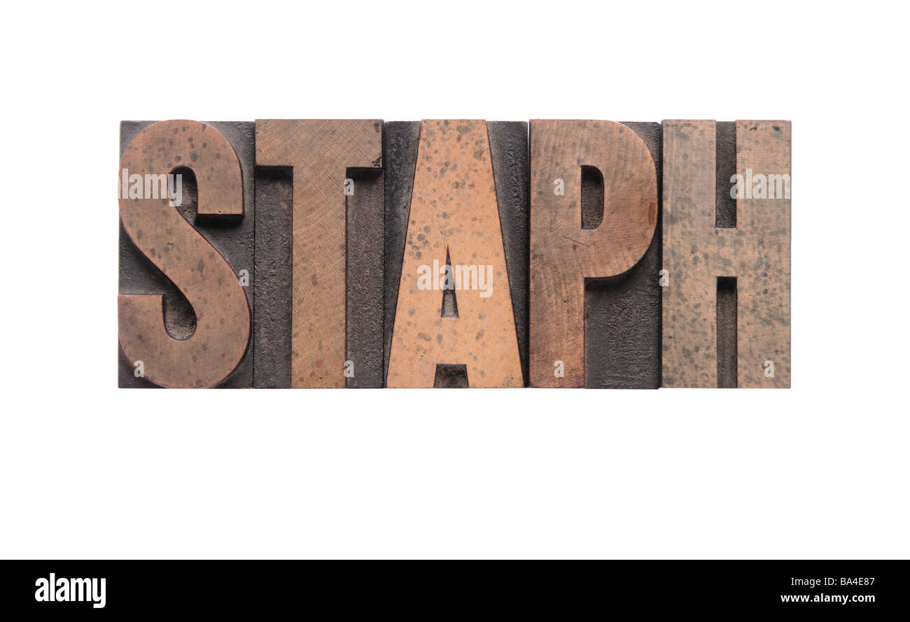 La palabra "taph' en el antiguo tipo de madera teñida de tinta Foto de stock