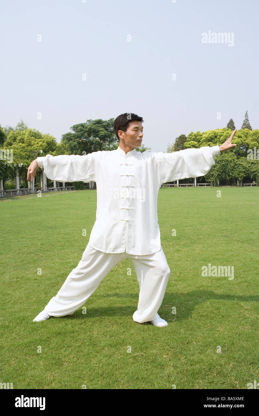 Hombre haciendo Tai Chi plantean sobre el césped Fotografía de stock - Alamy