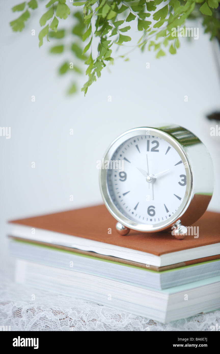 Reloj de libros con planta aparte Foto de stock