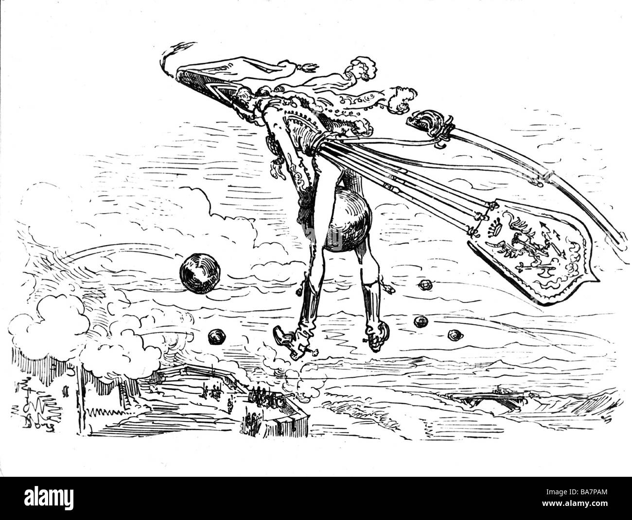 Münchhausen, Barón Karl Friedrich Hieronymus, Freiherr von, 11.5.1720 - 22.2.1797, escena de sus aventuras: Volar sobre canonball, grabado en madera siglo 19, Foto de stock