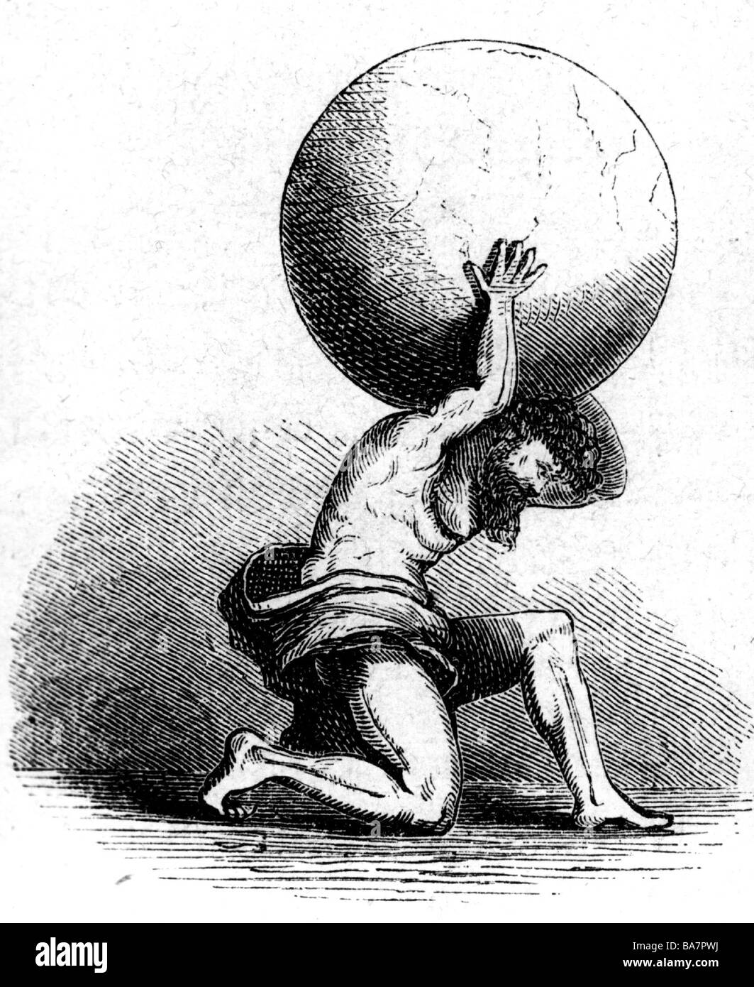 Atlas, Titán, figura de mito griego, llevando tierra sobre sus hombros, grabado de madera, siglo 19, Foto de stock