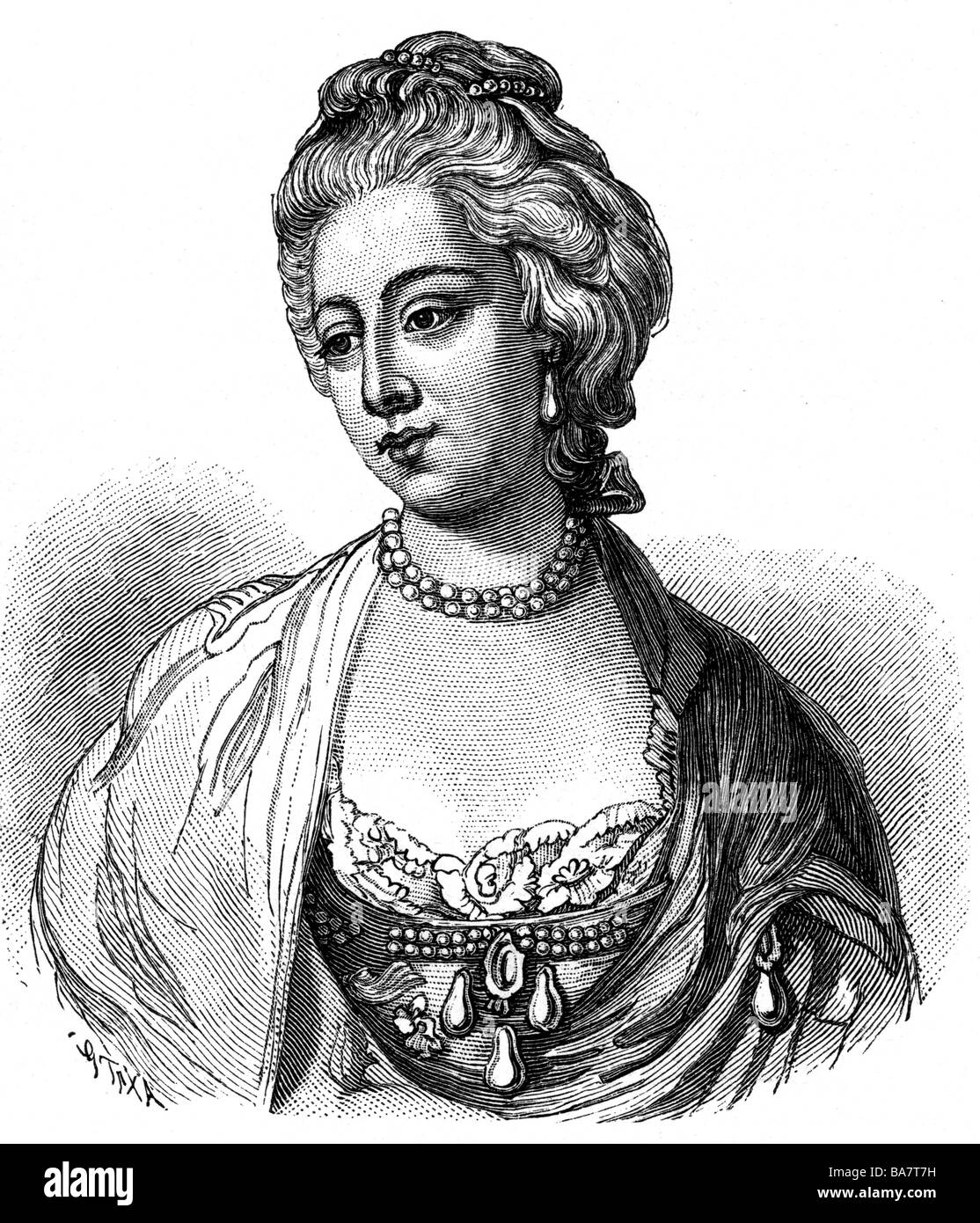 Caroline Matilda, 11.7.1751 - 10.5.1755, Reina Consort de Dinamarca y Noruega 1766 - 1772, retrato, grabado en madera, Foto de stock